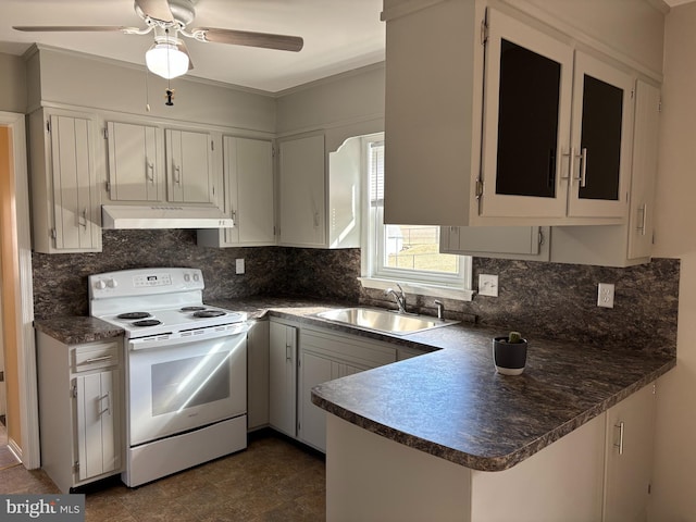 kitchen with sink, white cabinetry, electric range, decorative backsplash, and kitchen peninsula