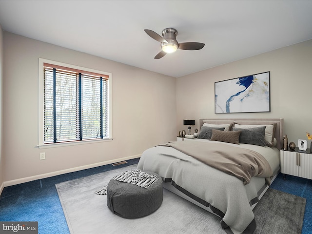 bedroom with ceiling fan and carpet