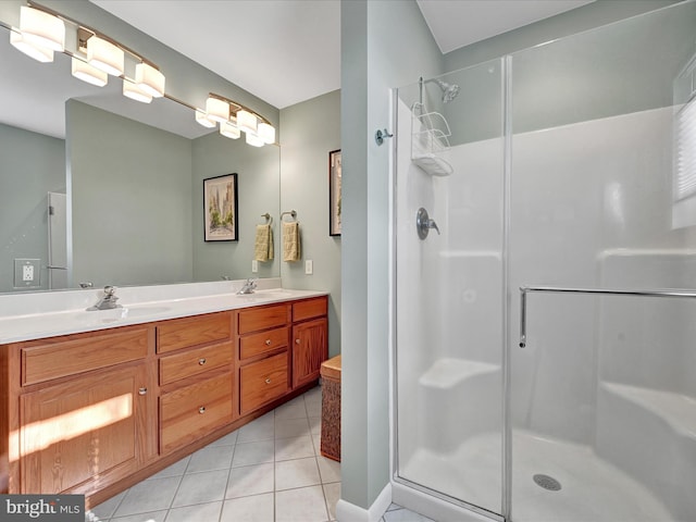 bathroom featuring vanity, tile patterned floors, and a shower with shower door