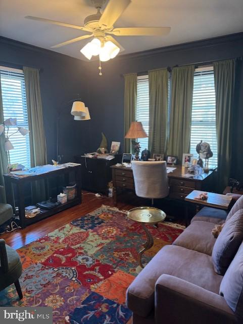 home office featuring hardwood / wood-style flooring, ornamental molding, and ceiling fan