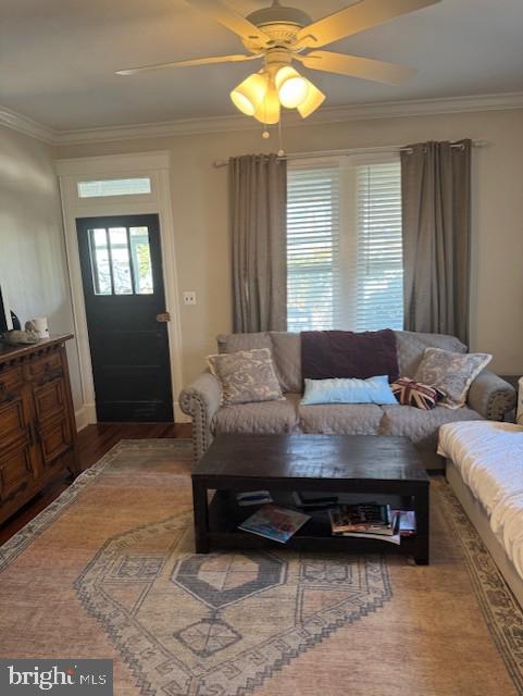 living room featuring wood-type flooring, ornamental molding, and ceiling fan