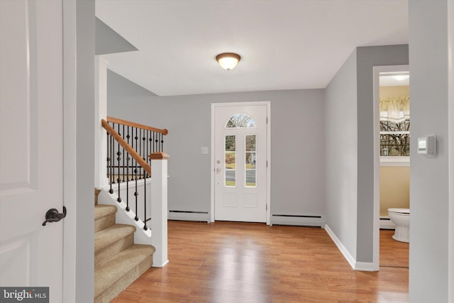 foyer featuring light hardwood / wood-style flooring and a baseboard radiator