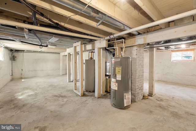 basement with water heater and electric water heater