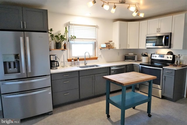 kitchen featuring gray cabinets, appliances with stainless steel finishes, sink, and white cabinets