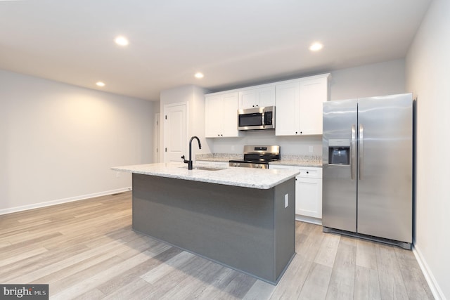 kitchen featuring white cabinetry, sink, an island with sink, and appliances with stainless steel finishes