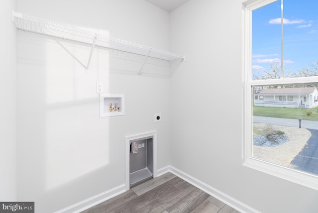 laundry area with electric dryer hookup, washer hookup, and wood-type flooring