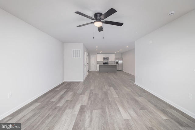 unfurnished living room with ceiling fan and light wood-type flooring