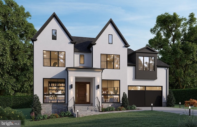 view of front of home with a garage, concrete driveway, a front lawn, and stucco siding