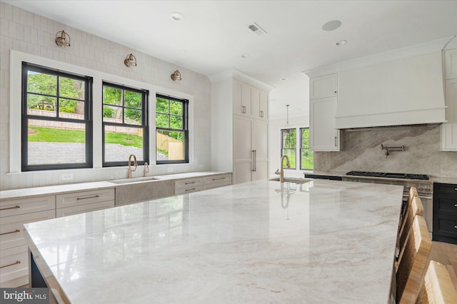 kitchen featuring light stone counters, white cabinets, a sink, and a large island with sink