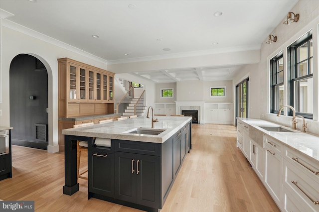 kitchen with an island with sink, a sink, glass insert cabinets, and dark cabinetry