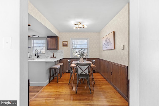 dining room with sink and light hardwood / wood-style flooring