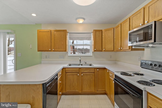 kitchen with range with electric cooktop, black dishwasher, kitchen peninsula, and sink