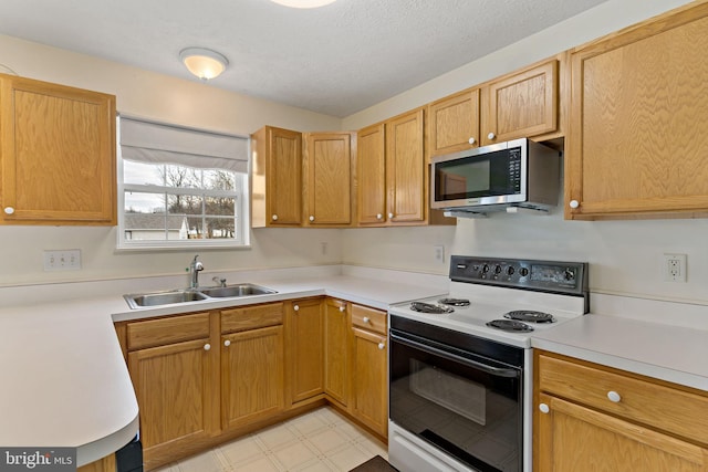 kitchen with sink, a textured ceiling, and range with electric stovetop