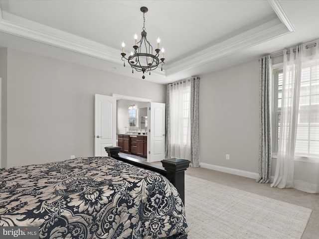 bedroom featuring crown molding, light colored carpet, and a raised ceiling