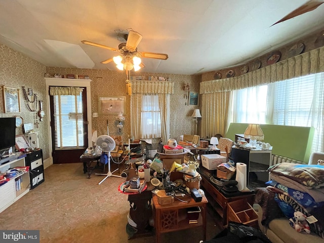 misc room featuring ceiling fan and a healthy amount of sunlight