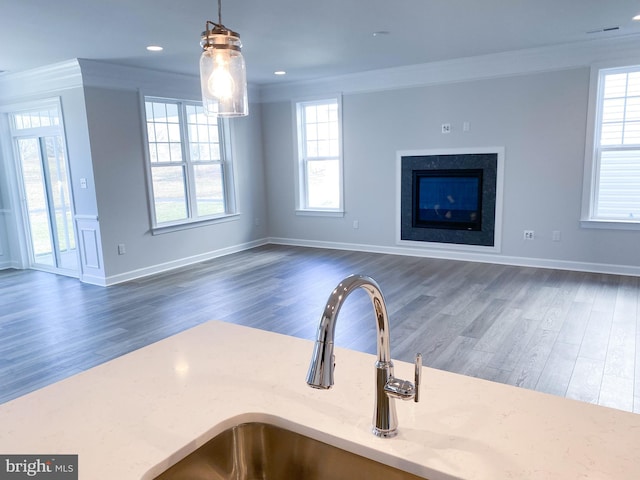 kitchen with crown molding, decorative light fixtures, and dark hardwood / wood-style flooring