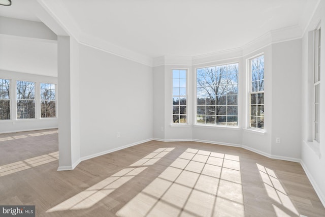 unfurnished room with ornamental molding and light wood-type flooring