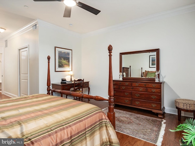 bedroom featuring crown molding, ceiling fan, and dark hardwood / wood-style floors