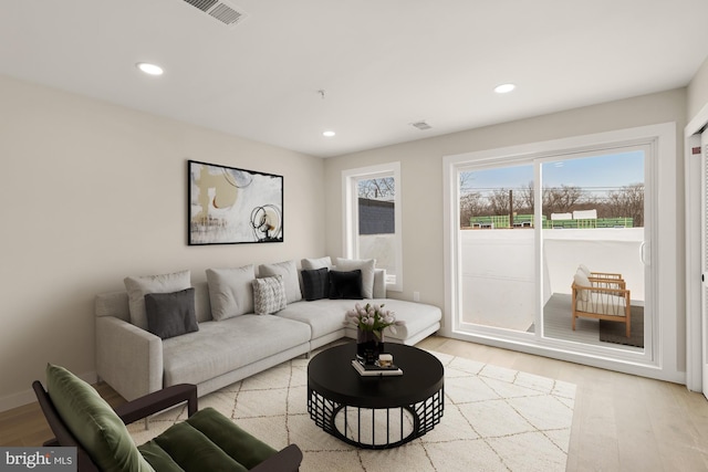 living room with light hardwood / wood-style flooring