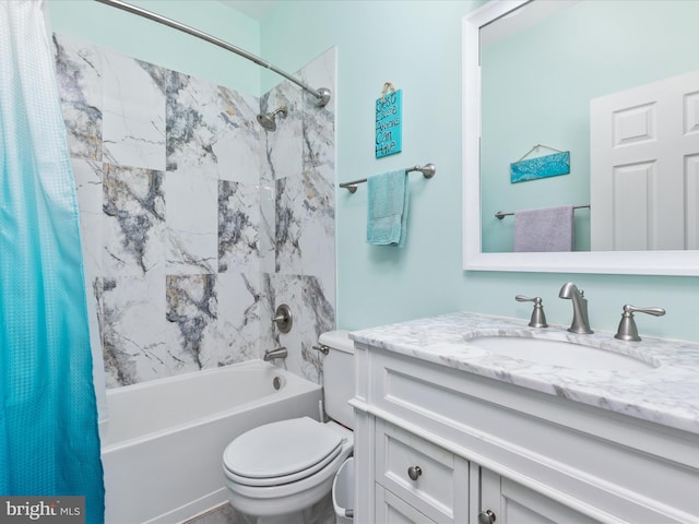 full bathroom featuring vanity, shower / bath combination with curtain, and toilet