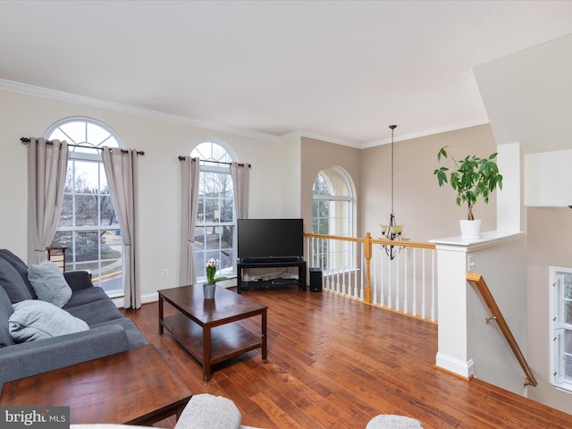 living room with ornamental molding and dark wood-type flooring