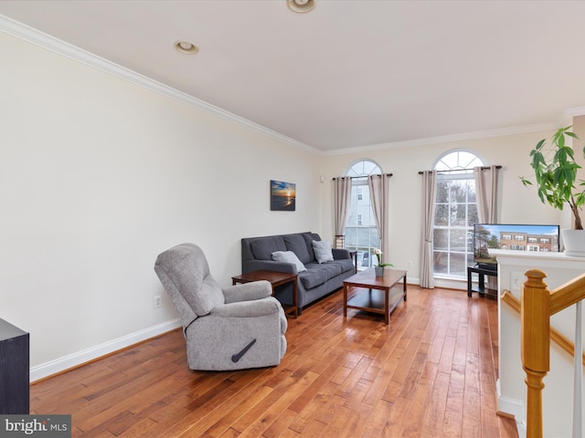 living room featuring crown molding and hardwood / wood-style floors