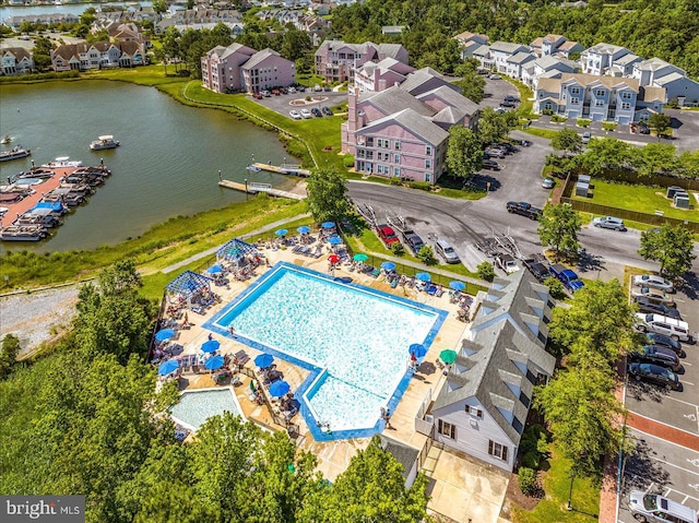 drone / aerial view with a water view