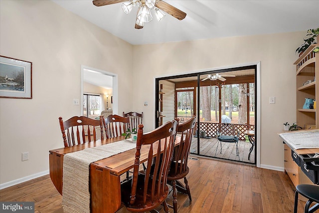 dining room with ceiling fan, a wealth of natural light, and light wood-type flooring