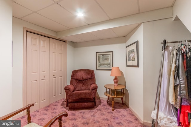 living area featuring carpet floors and a drop ceiling