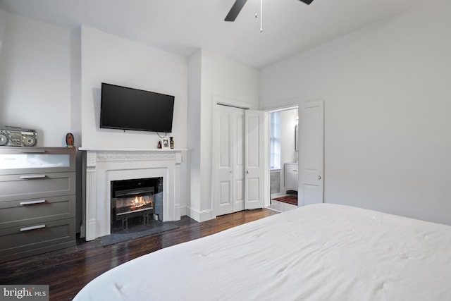 bedroom featuring ceiling fan, connected bathroom, and dark hardwood / wood-style flooring