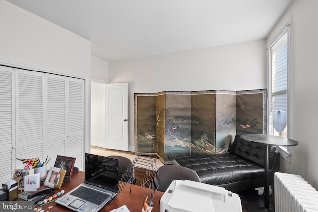 interior space with radiator heating unit and a closet