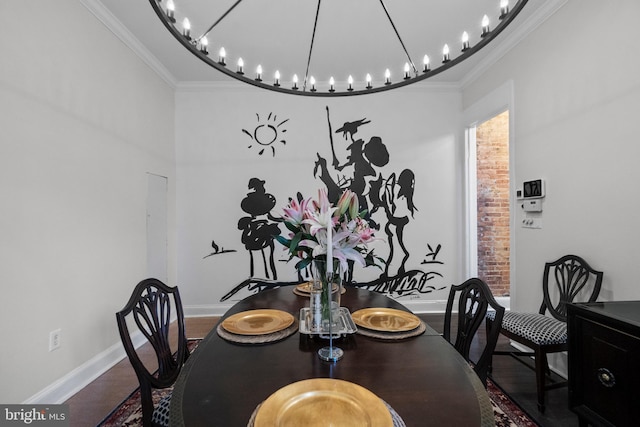 dining space with wood-type flooring and ornamental molding