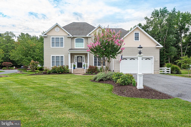 view of front of property featuring a garage and a front lawn