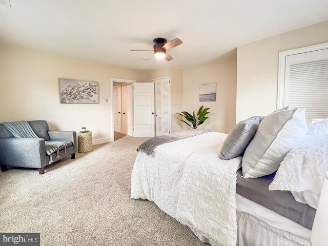 bedroom featuring ceiling fan and carpet floors