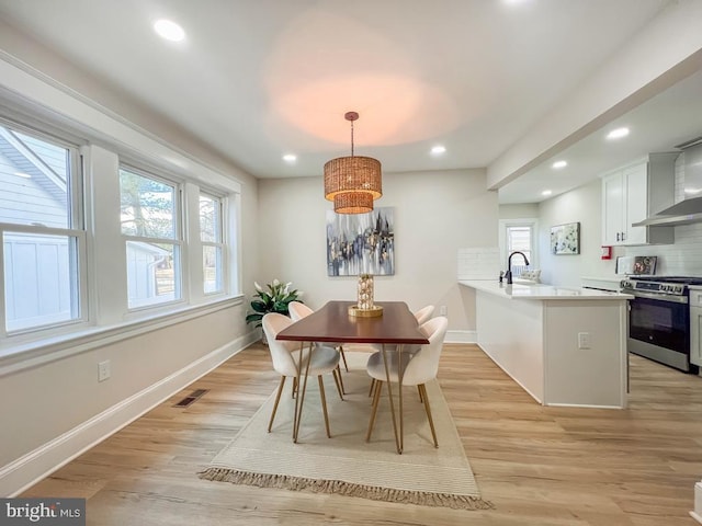 dining room featuring a healthy amount of sunlight, sink, and light hardwood / wood-style floors