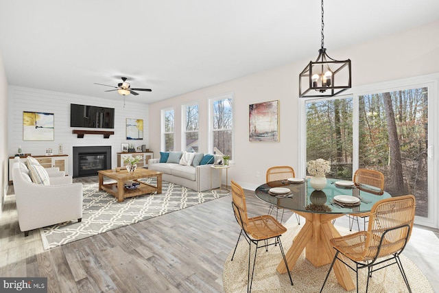 dining space featuring hardwood / wood-style flooring and ceiling fan with notable chandelier