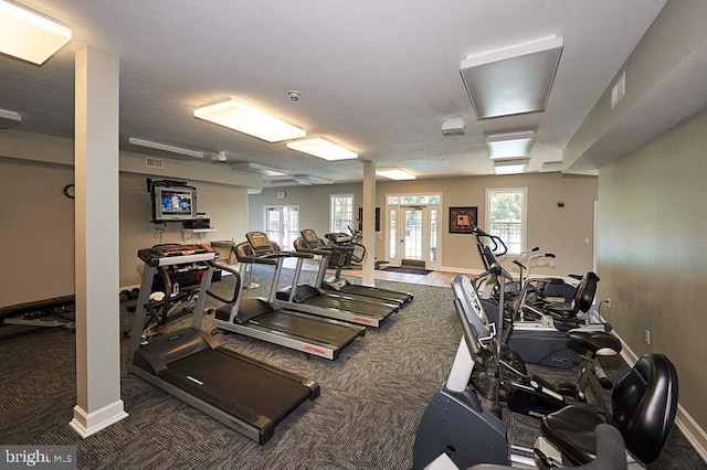 gym featuring plenty of natural light, french doors, and carpet flooring