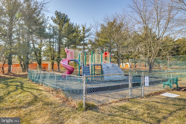 view of play area featuring a lawn