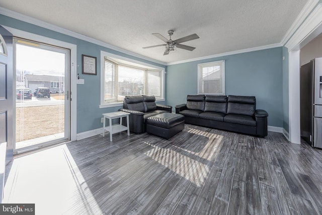 living room featuring ornamental molding, dark hardwood / wood-style flooring, and a textured ceiling