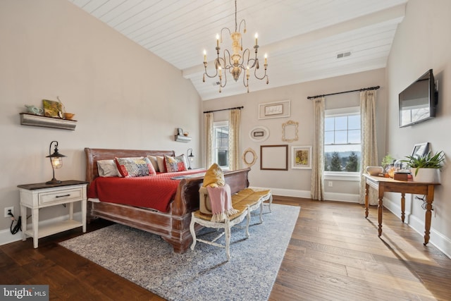 bedroom with lofted ceiling, wood ceiling, dark wood finished floors, and baseboards