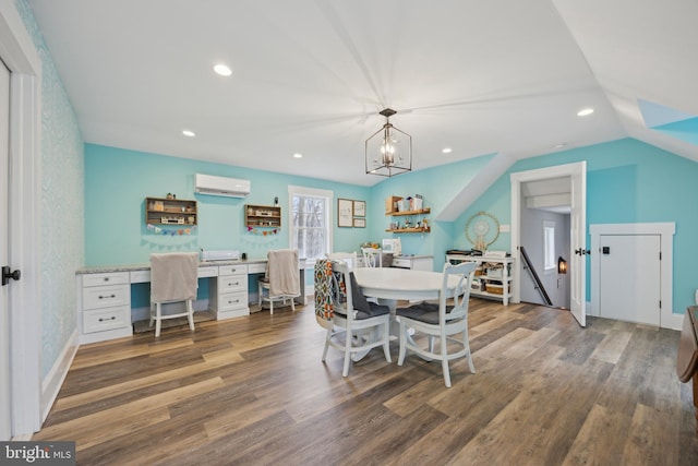 dining room with lofted ceiling, recessed lighting, wood finished floors, and a wall mounted AC