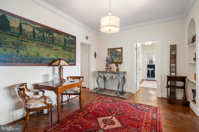 living area with crown molding and dark parquet floors