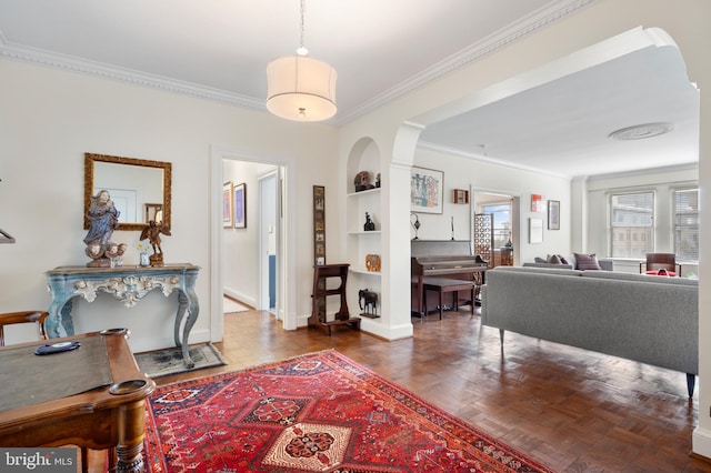 interior space with built in features, ornamental molding, and dark parquet floors