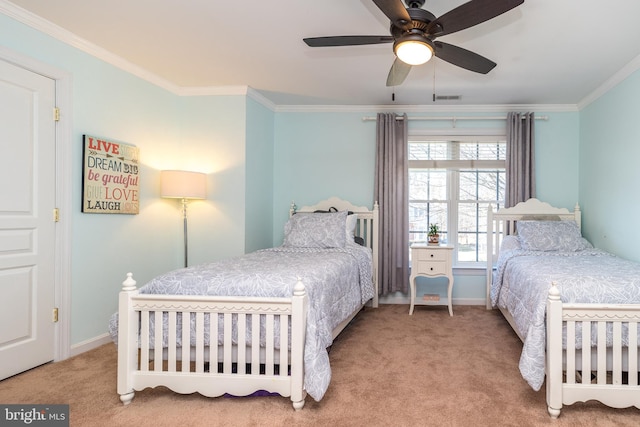 bedroom featuring visible vents, baseboards, carpet, and ornamental molding