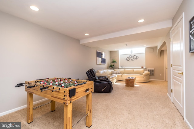 recreation room featuring recessed lighting, carpet, visible vents, and baseboards