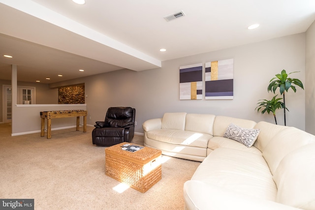 living area featuring recessed lighting, visible vents, carpet floors, and baseboards