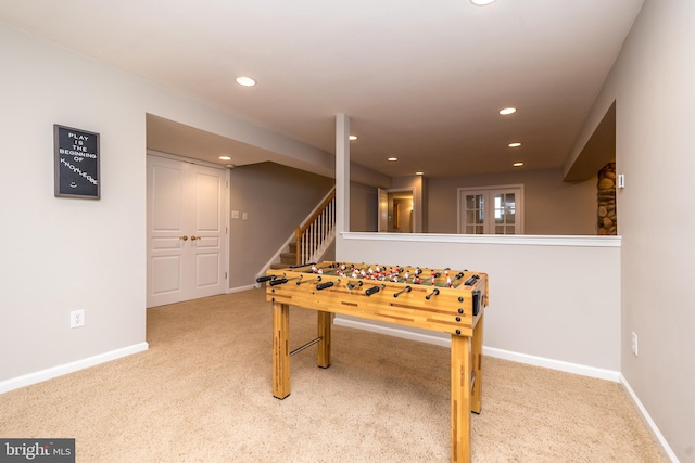 recreation room featuring recessed lighting, baseboards, and carpet