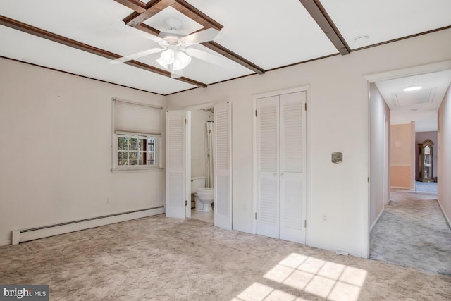 unfurnished bedroom with ceiling fan, connected bathroom, light carpet, a baseboard radiator, and a closet