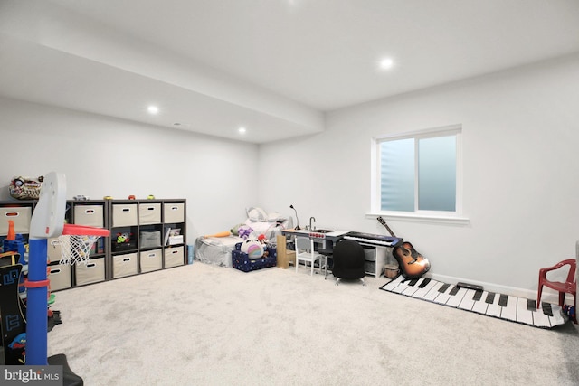 rec room with recessed lighting, carpet flooring, and baseboards