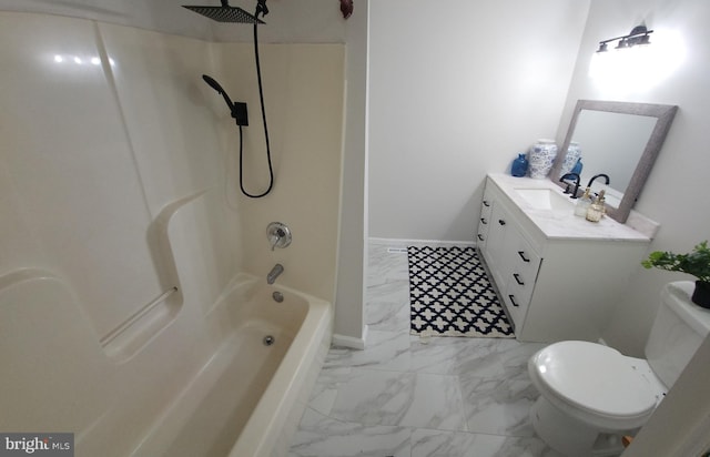 full bathroom with toilet, vanity, and bathtub / shower combination